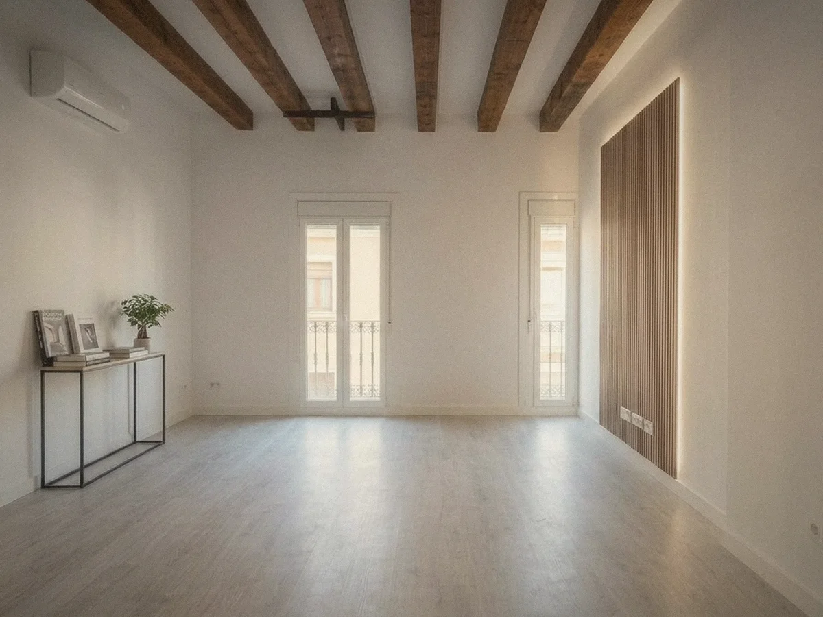 Salón reformado con vigas de madera vistas y panel de listones iluminado