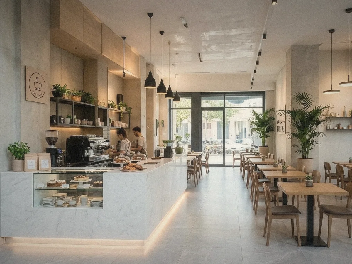 Cafetería con barra e iluminación cálida