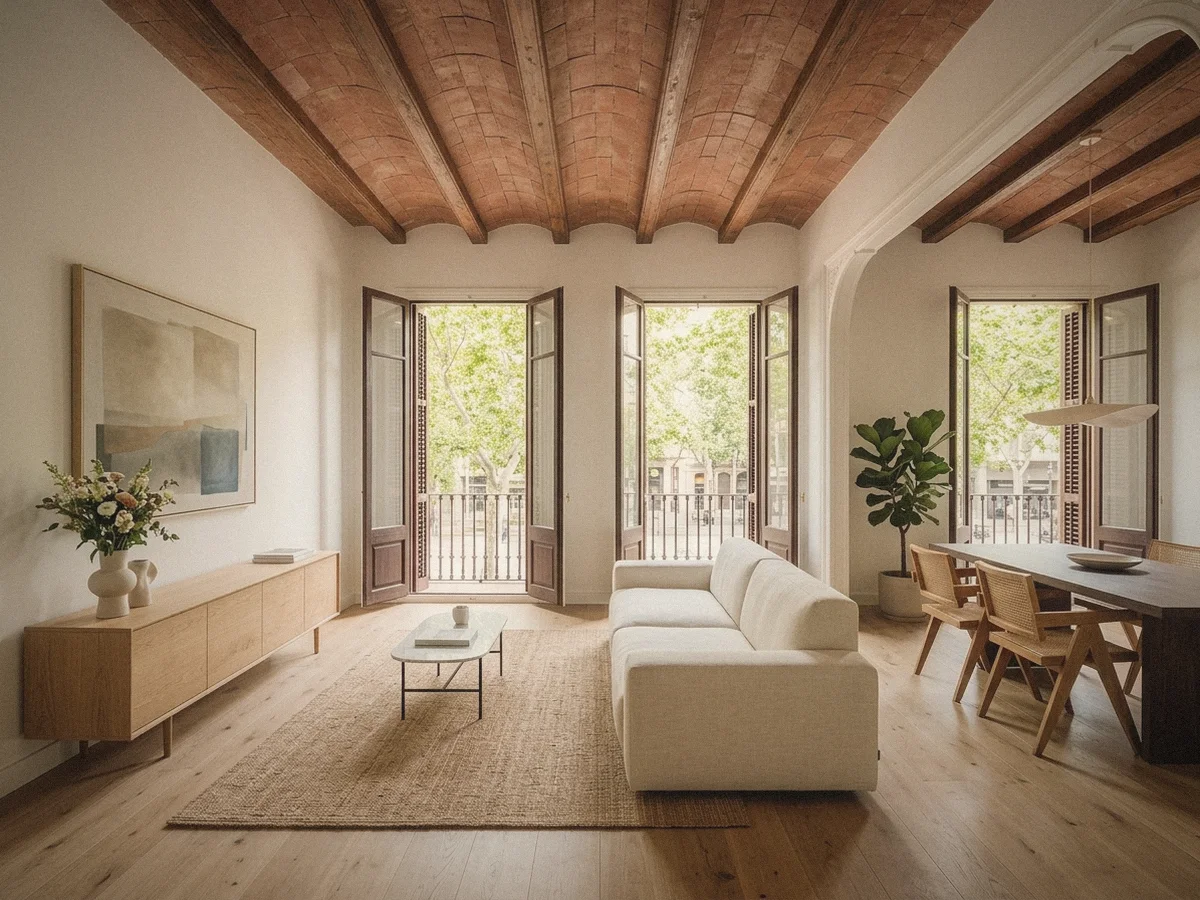 Salón de piso reformado con bóveda catalana y balcones a la calle